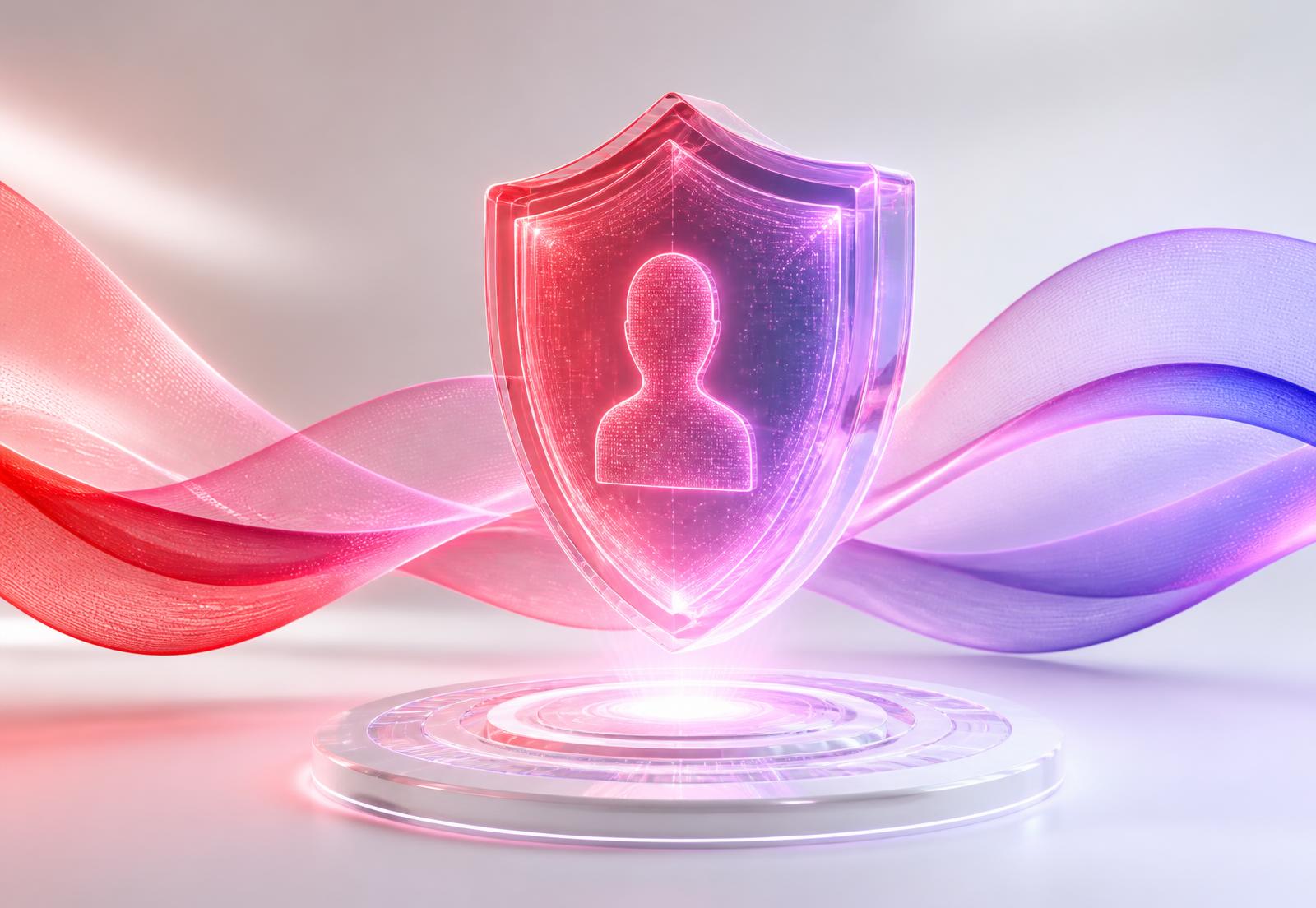 Holographic identity verification shield in red, pink and purple gradient light